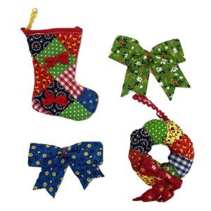 Lot of 4 Vintage Quilted Fabric Patchwork Christmas Tree Ornaments Handmade